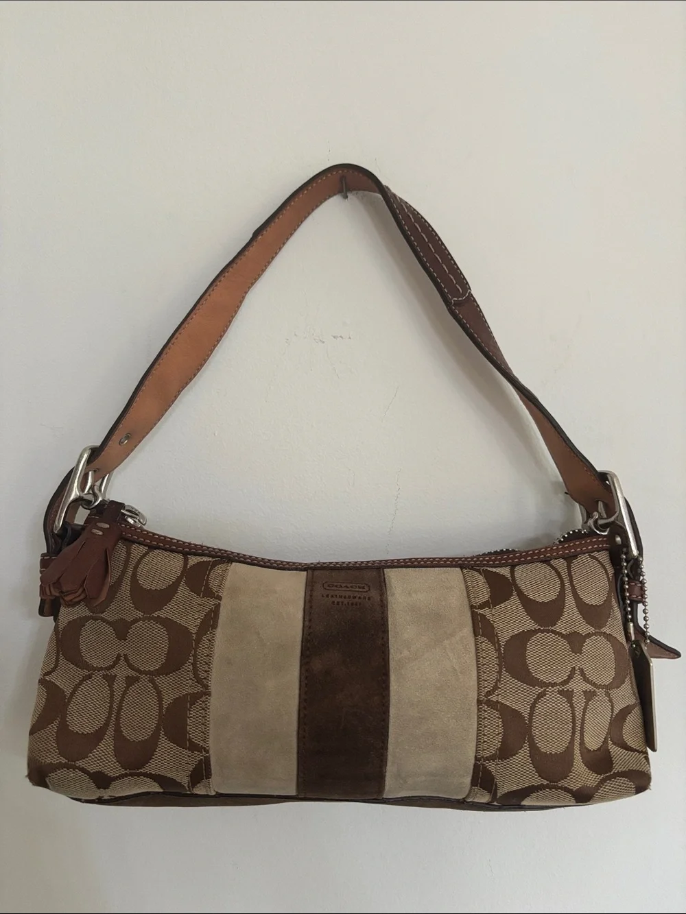 Coach Signature Stripe Suede Baguette bag